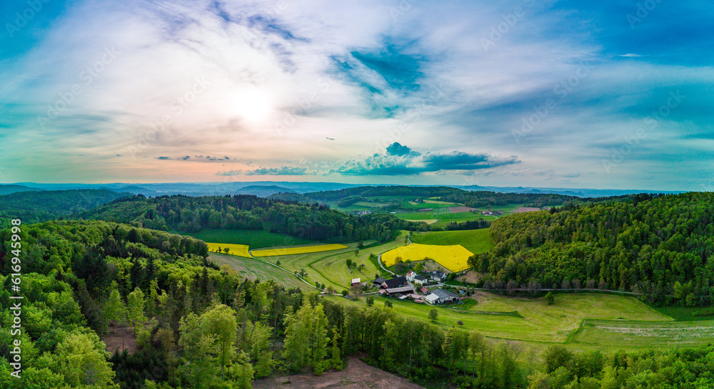 Fototapeta premium Panorama of yellow-green fields and farms in the forest in a hilly valley