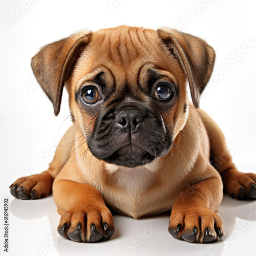 A relaxed Pug puppy  Canis lupus familiaris  lounging in a comfortable position.