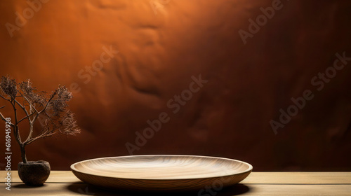 Bowl or podium on a wooden table against a background of dark brown  with a shadow of a branch on the wall. mockup for presentation  health care  and product branding