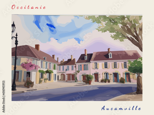 Aucamville: Postcard design with a scene in France and the city name Aucamville