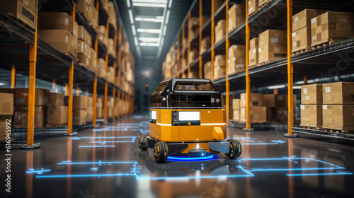 Concept of 5G for industrial use and a smart factory. Automated guided vehicle systems (AGV) operating transfer boxes in automated warehouses, or autonomous robotic transportation