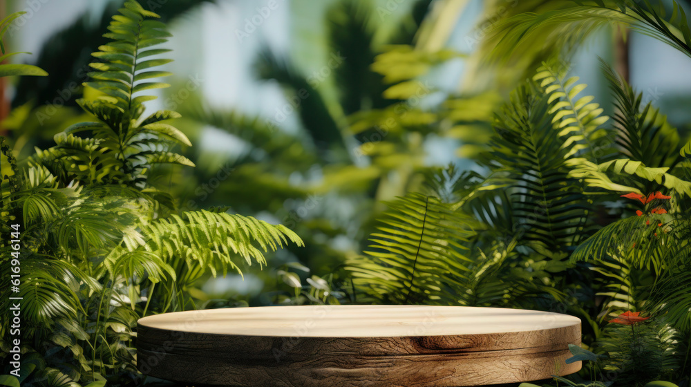 3D rendering of a wooden product display platform against a green natural garden. 3D rendering of a wooden product display platform against a green natural garden.