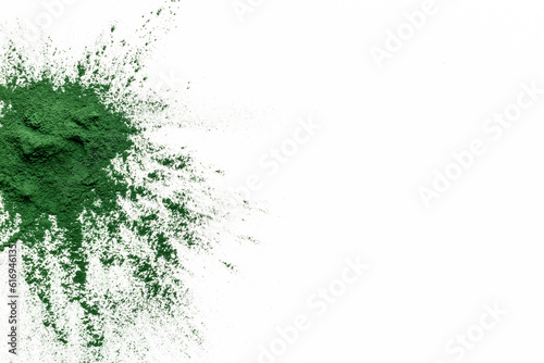 Splash of spirulina algae powder on white background, top view