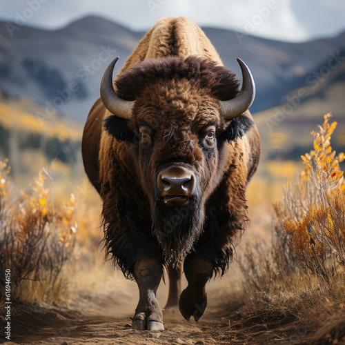 A majestic bison (Bison bison) roaming the grassland with an imposing presence. Taken with a professional camera and lens.