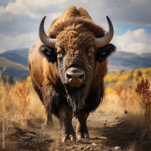 A majestic bison (Bison bison) roaming the grassland with an imposing presence. Taken with a professional camera and lens.