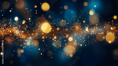 Abstract dark blue and gold particle background. Christmas golden light shed bokeh particles over a background of navy blue. Gold foil appearance. holiday idea.