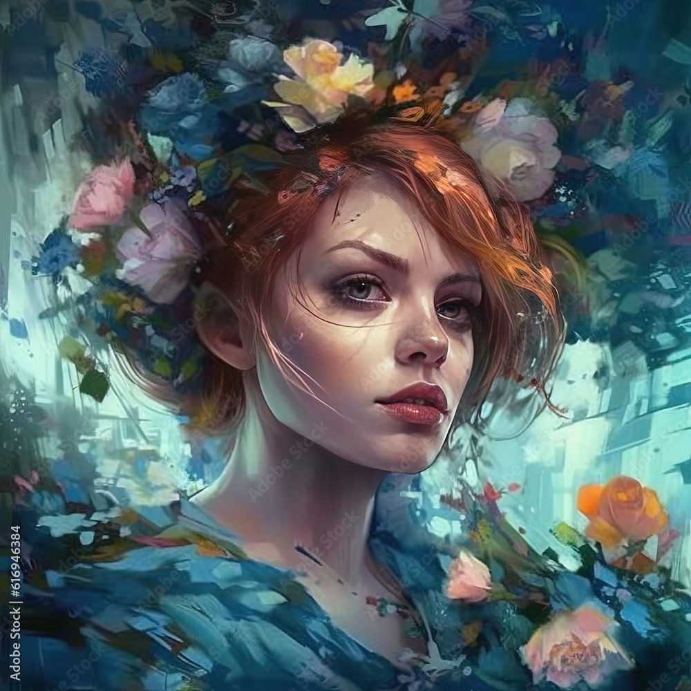 a painting of a woman with flowers in her hair
