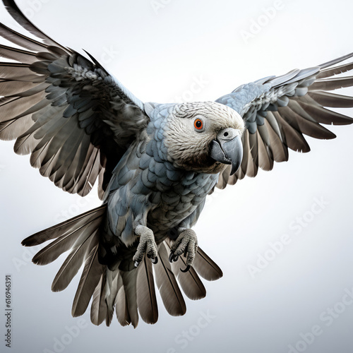 Leinwand Poster A fledgling African Grey Parrot (Psittacus erithacus) learning to fly