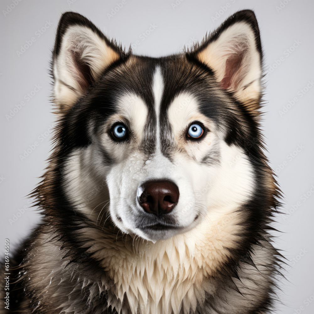 A striking Siberian Husky (Canis lupus familiaris) with dichromatic eyes.