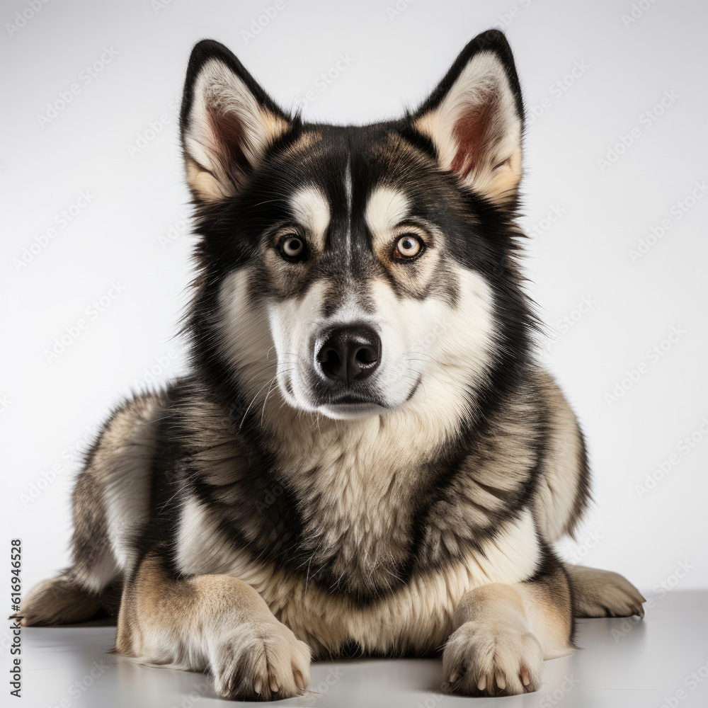 A Siberian Husky (Canis lupus familiaris) with dichromatic eyes in a staring pose.