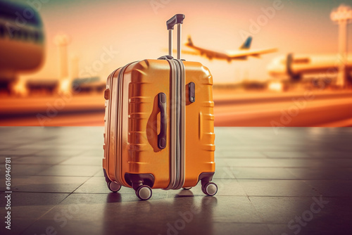 Tourism, vacation, trip concept. Orange suitcase on wheels for travel in the airport terminal, sunny summer day photo