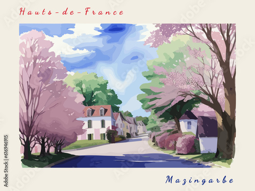 Mazingarbe: Postcard design with a scene in France and the city name Mazingarbe