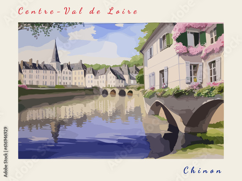 Chinon: Postcard design with a scene in France and the city name Chinon