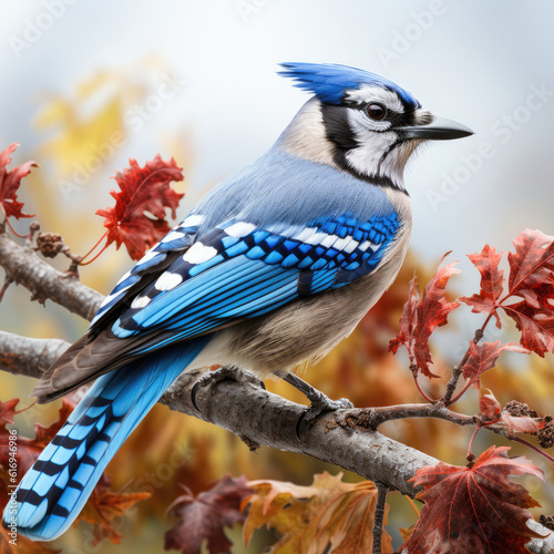 A stunning blue jay perched on a tree branch, with its striking blue feathers and crest. © blueringmedia