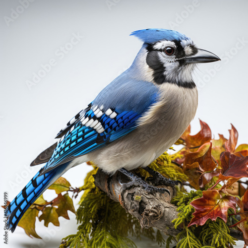 A stunning blue jay perched on a tree branch, with its striking blue feathers and crest.