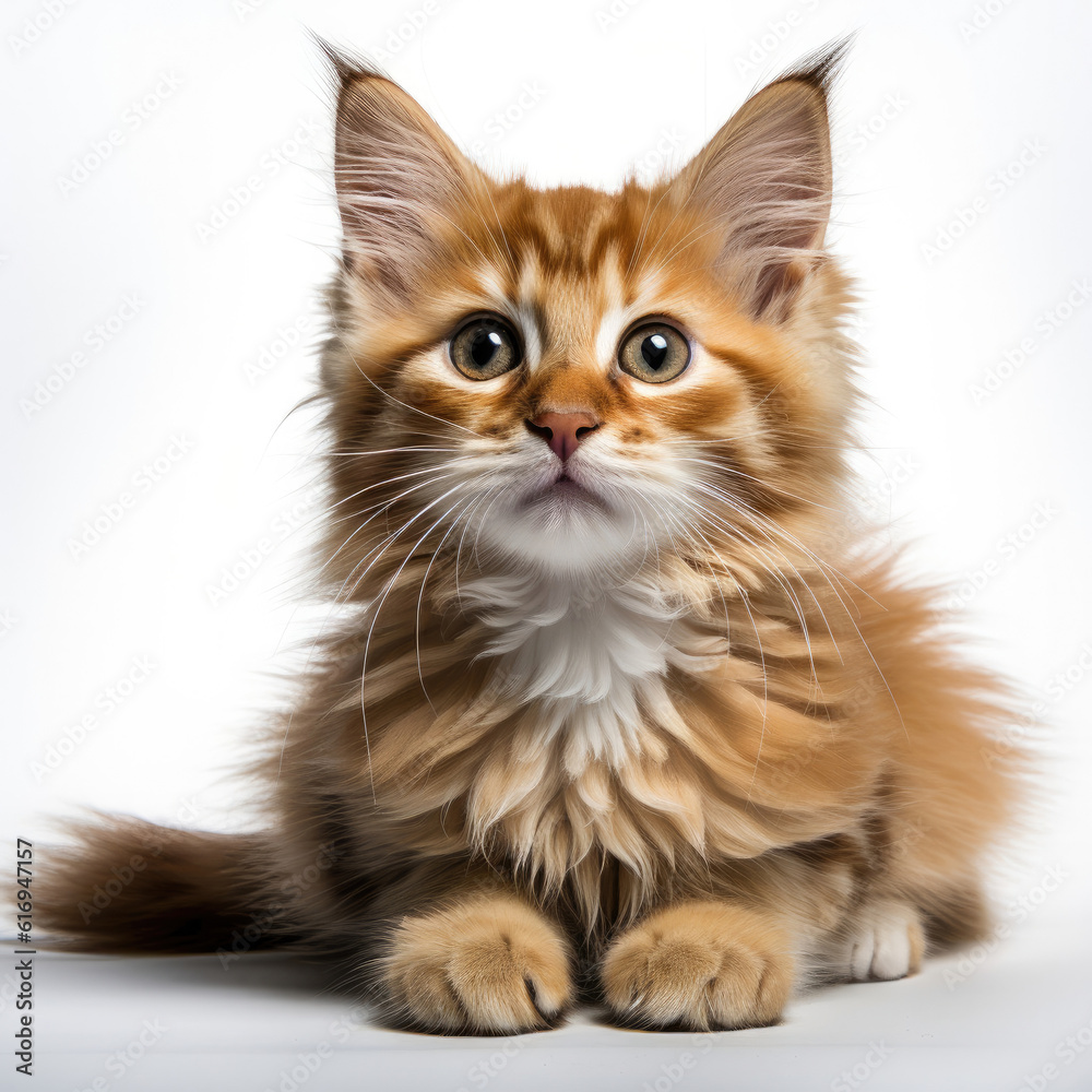 A graceful Siberian Forest Cat kitten (Felis catus) stretched out elegantly.