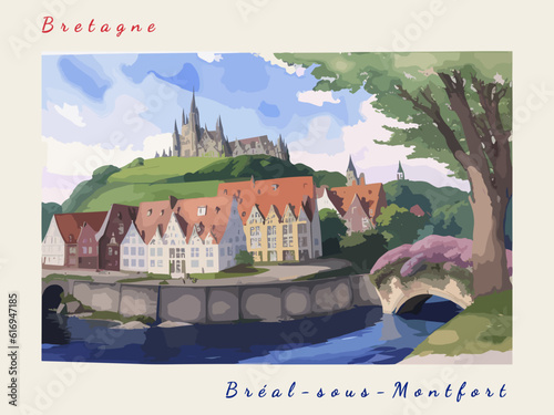 Bréal-sous-Montfort: Postcard design with a scene in France and the city name Bréal-sous-Montfort