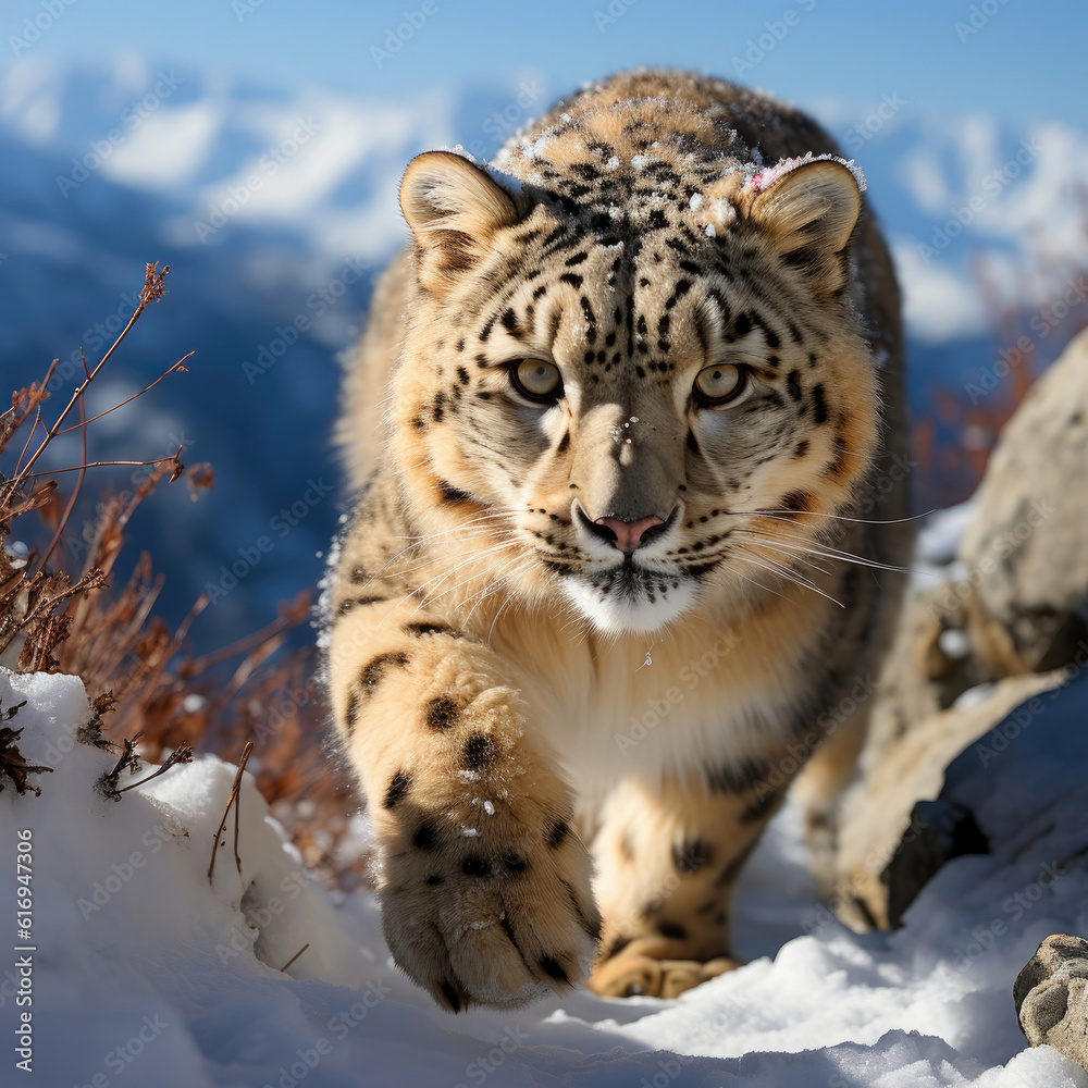 Obraz premium An elusive snow leopard (Panthera uncia) traversing the rugged mountainous terrain. Taken with a professional camera and lens.