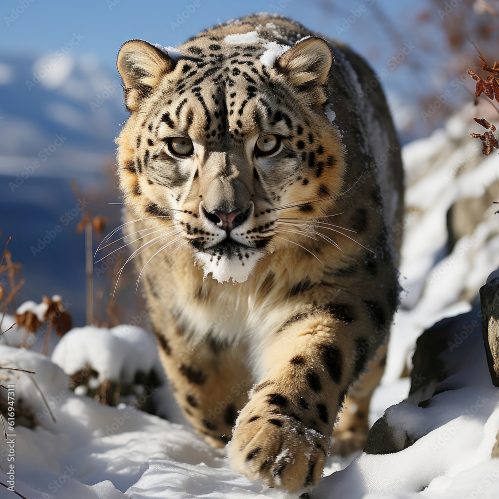 An elusive snow leopard (Panthera uncia) traversing the rugged mountainous terrain. Taken with a professional camera and lens. An elusive snow leopard (Panthera uncia) traversing the rugged mountainous terrain. Taken with a professional camera and lens.