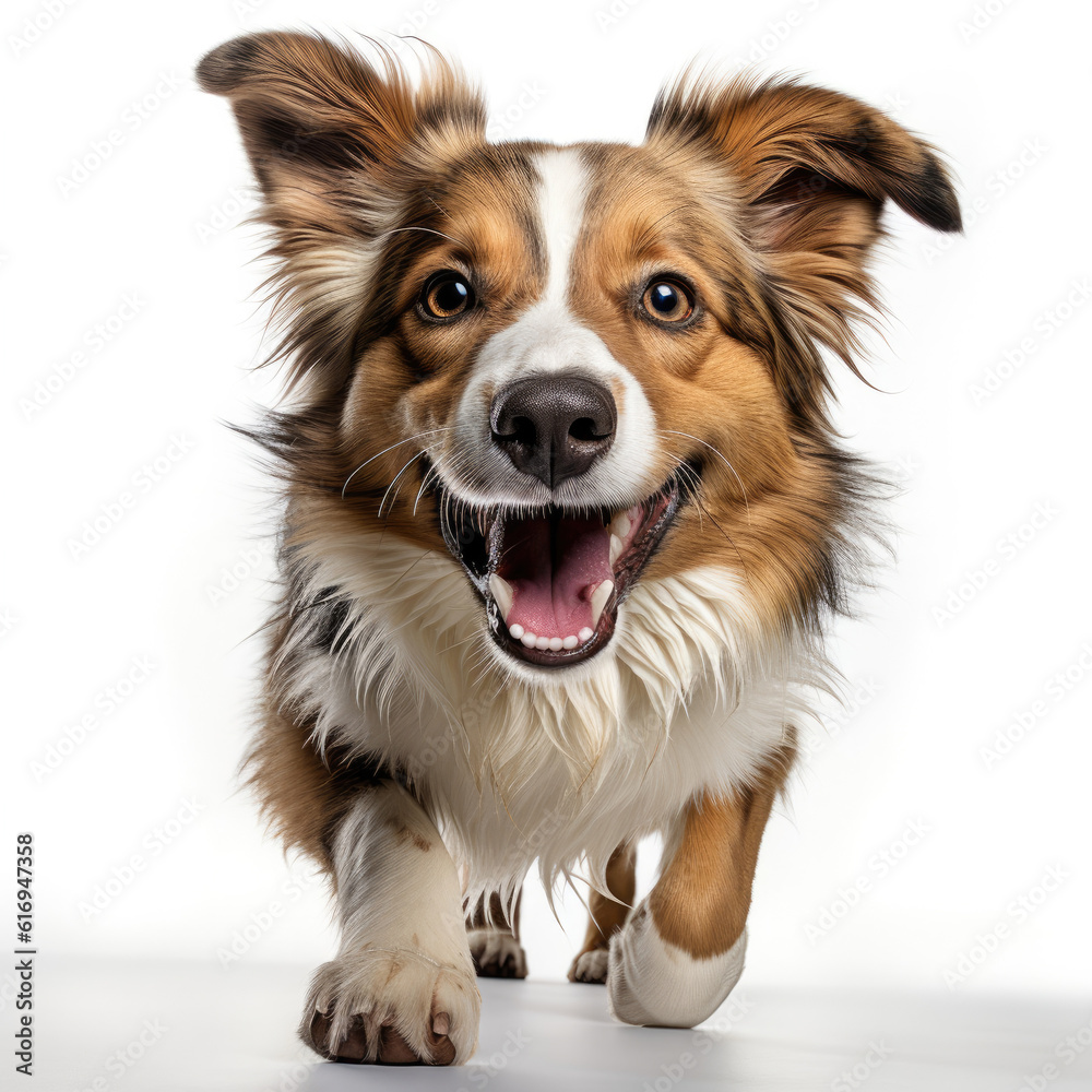 An energetic Border Collie puppy (Canis lupus familiaris) with a brown and white coat, ready for action.