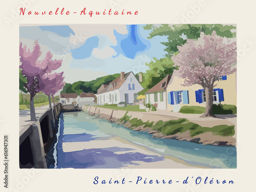 Saint-Pierre-d’Oléron: Postcard design with a scene in France and the city name Saint-Pierre-d’Oléron
