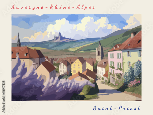 Saint-Priest: Postcard design with a scene in France and the city name Saint-Priest