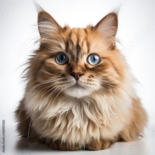 A fluffy Himalayan cat (Felis catus) with dichromatic eyes.