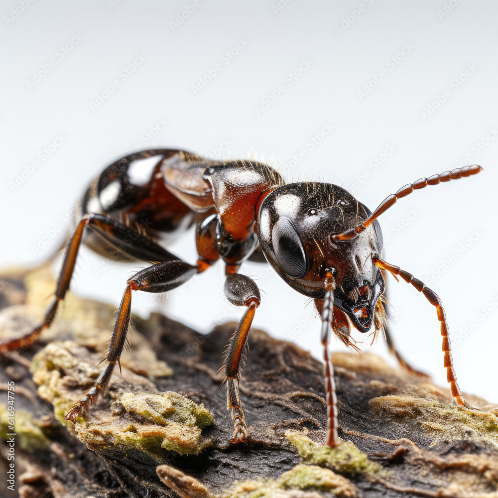 A magnified macro shot of a worker ant showcasing its tiny details and structured body.