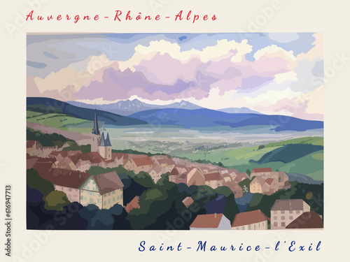 Saint-Maurice-l’Exil: Postcard design with a scene in France and the city name Saint-Maurice-l’Exil
