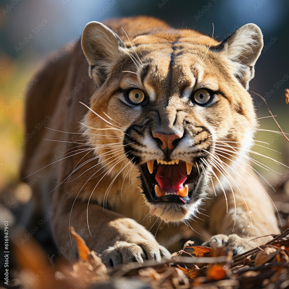 Obraz premium A fierce puma (Puma concolor) in its natural habitat, ready to strike. Taken with a professional camera and lens.