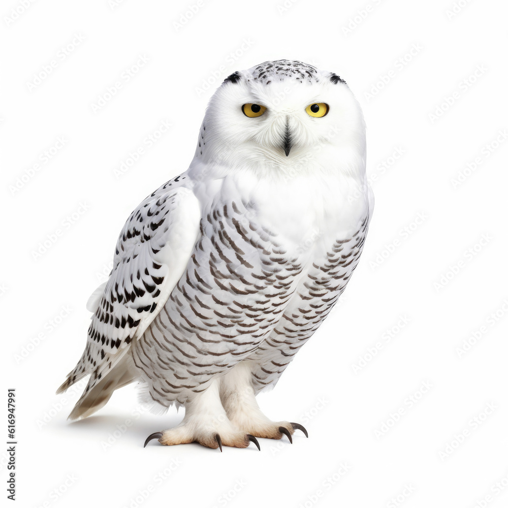 Fototapeta premium A glistening Snowy Owl (Bubo scandiacus) in a poised stance.