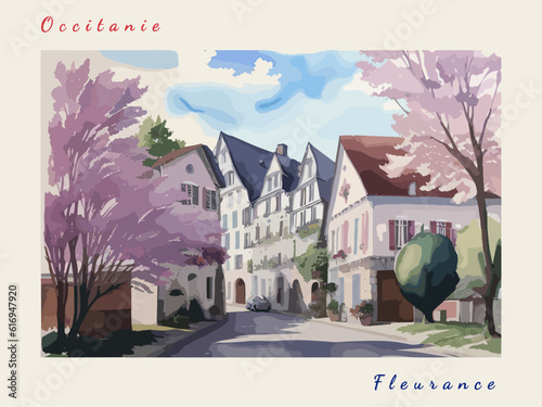 Fleurance: Postcard design with a scene in France and the city name Fleurance