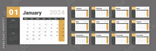 Set of 2024 Calendar Planner Template. Vector layout of a wall or desk simple calendar with week start monday in yellow and grey color for print