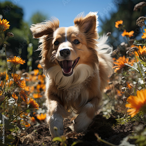 A playful puppy (Canis lupus familiaris) chasing colorful butterflies in a sunlit garden in Tuscany, filled with the scent of blooming flowers. © blueringmedia