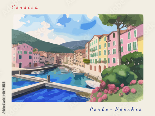 Porto-Vecchio: Postcard design with a scene in France and the city name Porto-Vecchio