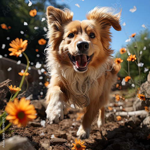A playful puppy (Canis lupus familiaris) chasing colorful butterflies in a sunlit garden in Tuscany, filled with the scent of blooming flowers. © blueringmedia