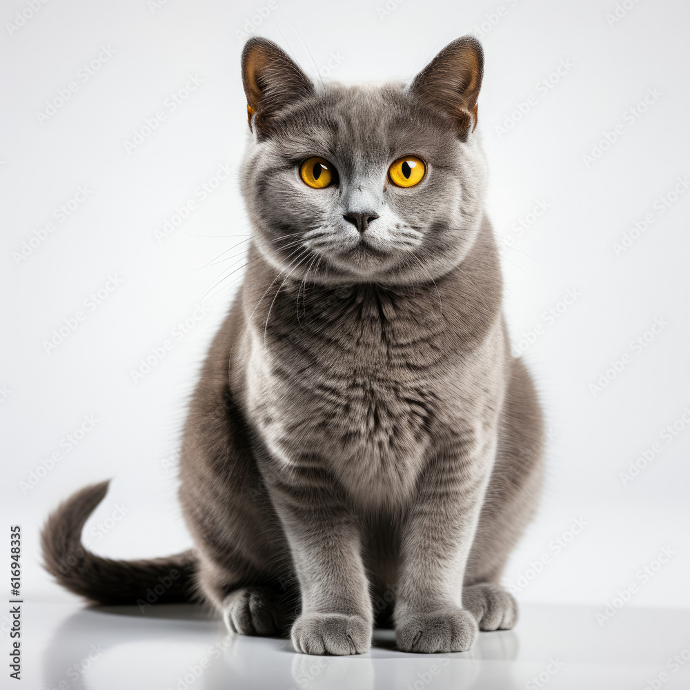 A Chartreux cat (Felis catus) with captivating dichromatic eyes.