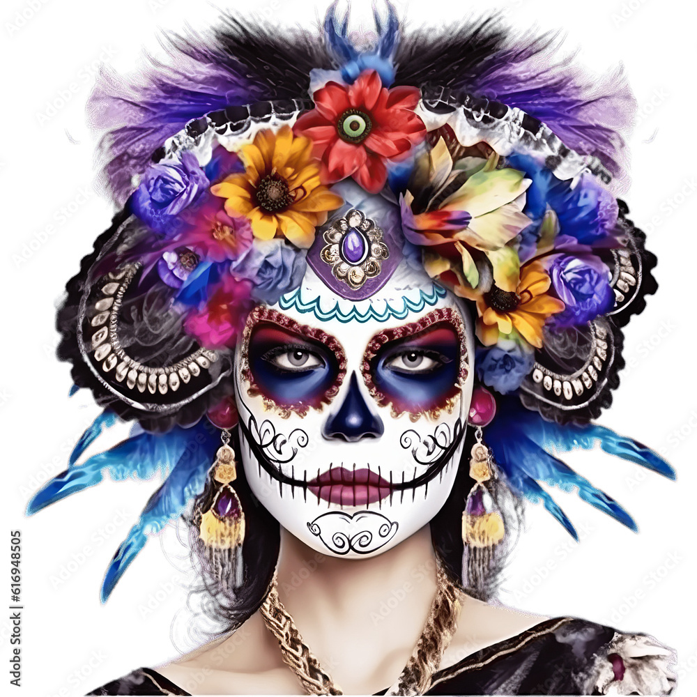 Isolated PNG cutout of a Mexican festival known as Day of the Dead with maxican girl portrait wearing carnival mask of the day of the dead, Generative ai