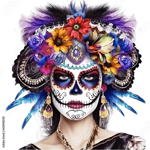 Isolated PNG cutout of a Mexican festival known as Day of the Dead with maxican girl portrait wearing carnival mask of the day of the dead, Generative ai photo