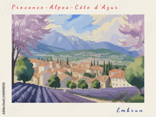Embrun: Postcard design with a scene in France and the city name Embrun