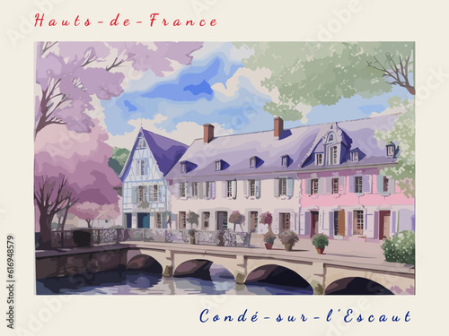 Condé-sur-l’Escaut: Postcard design with a scene in France and the city name Condé-sur-l’Escaut