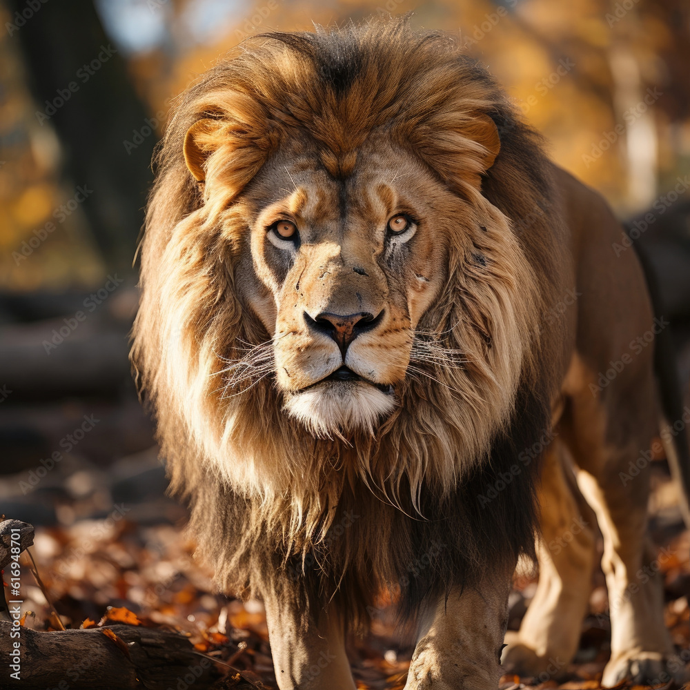 A majestic lion (Panthera leo) standing proudly in its natural habitat. Taken with a professional camera and lens.