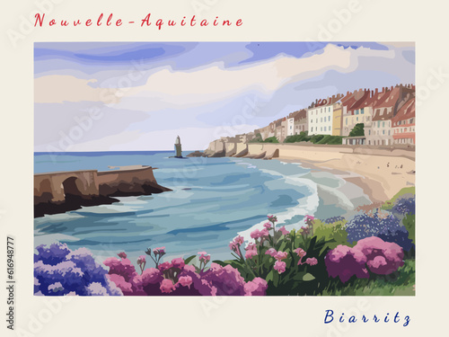 Biarritz: Postcard design with a scene in France and the city name Biarritz
