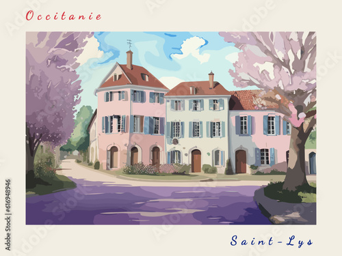 Saint-Lys: Postcard design with a scene in France and the city name Saint-Lys