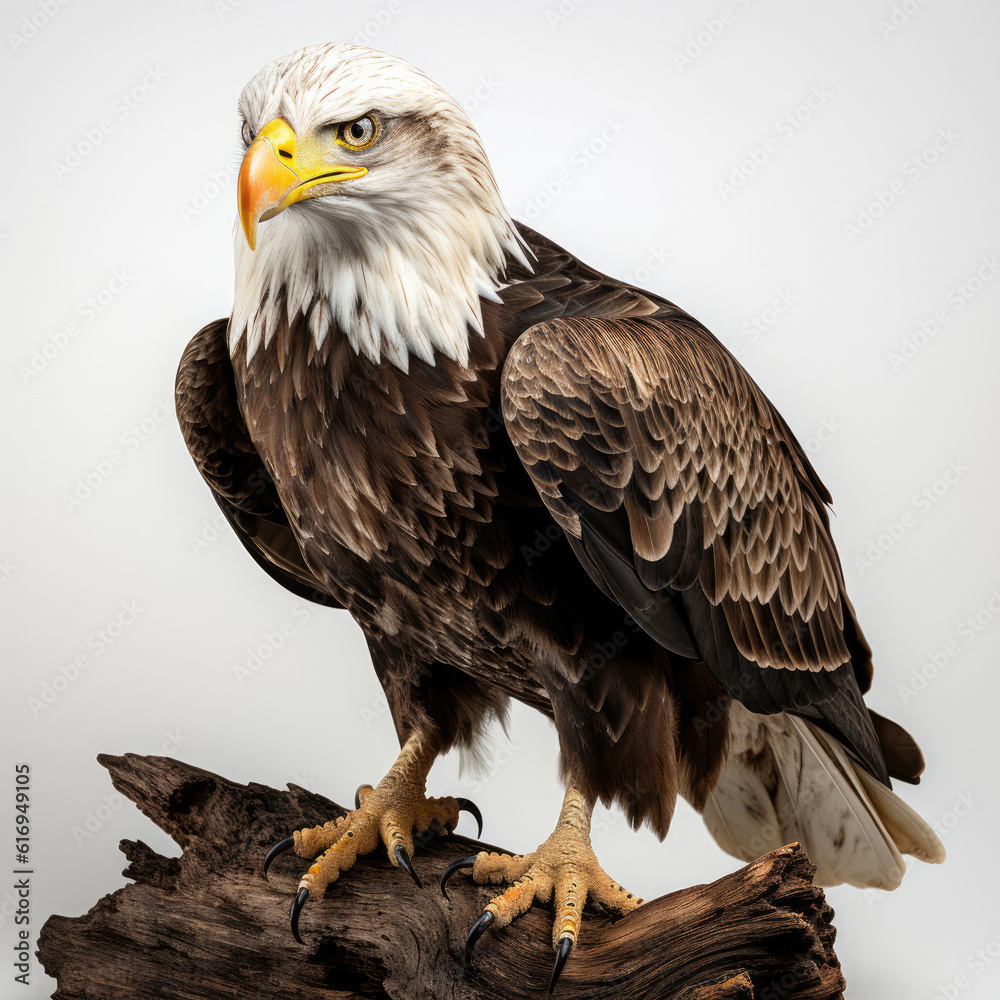 Obraz premium A majestic bald eagle perched on a tree branch, displaying its intense gaze.