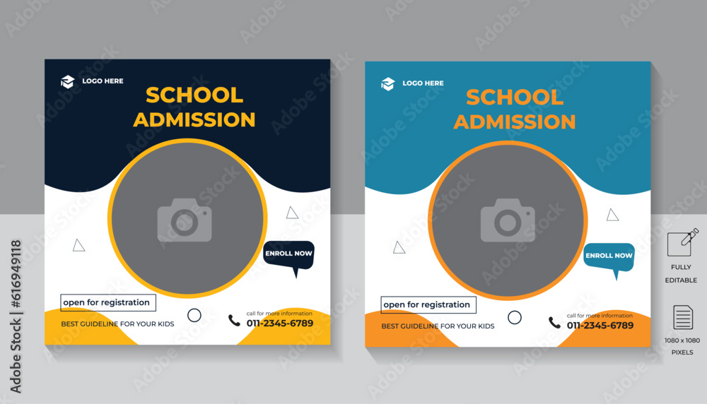 Modern School education admission web banner template and social media post. Back to school promotion banner	
