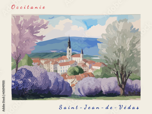 Saint-Jean-de-Védas: Postcard design with a scene in France and the city name Saint-Jean-de-Védas