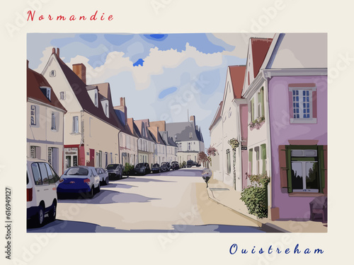 Ouistreham: Postcard design with a scene in France and the city name Ouistreham