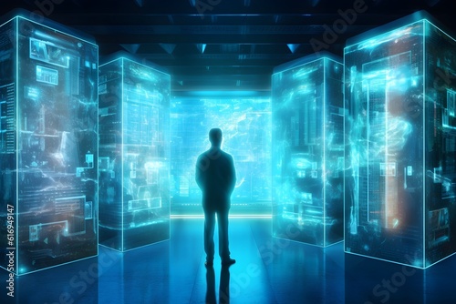 A creative image depicting a futuristic holographic display inside a server room, signifying the advance of technology in data management.