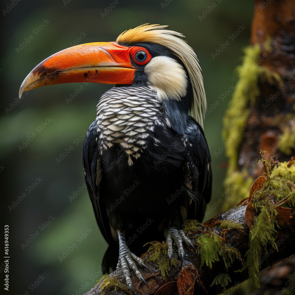A striking hornbill (Bucerotidae) perched on a tree branch in its rainforest habitat.
